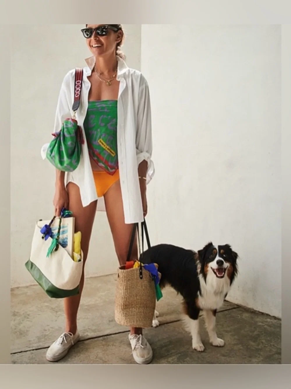 Clare V. Green Leather and Cream Canvas Two Tone Tote with Ribbon Accents